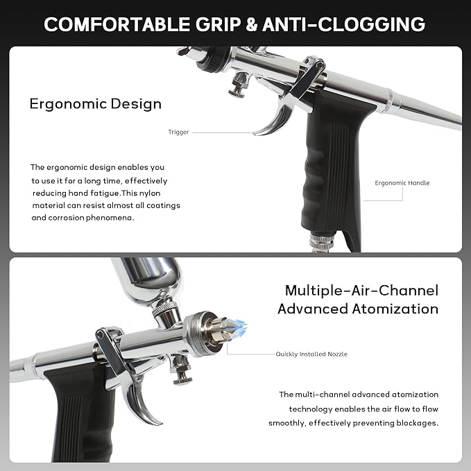 Colima Advanced Series Dual Action Airbrush Kit － 0.6mm Needles, 1/3 oz Cups － Professional Airbrush Gun for Makeup, Model Painting, Nail Art, Tattoo － Upgraded Precision Design & Ergonomic Grip