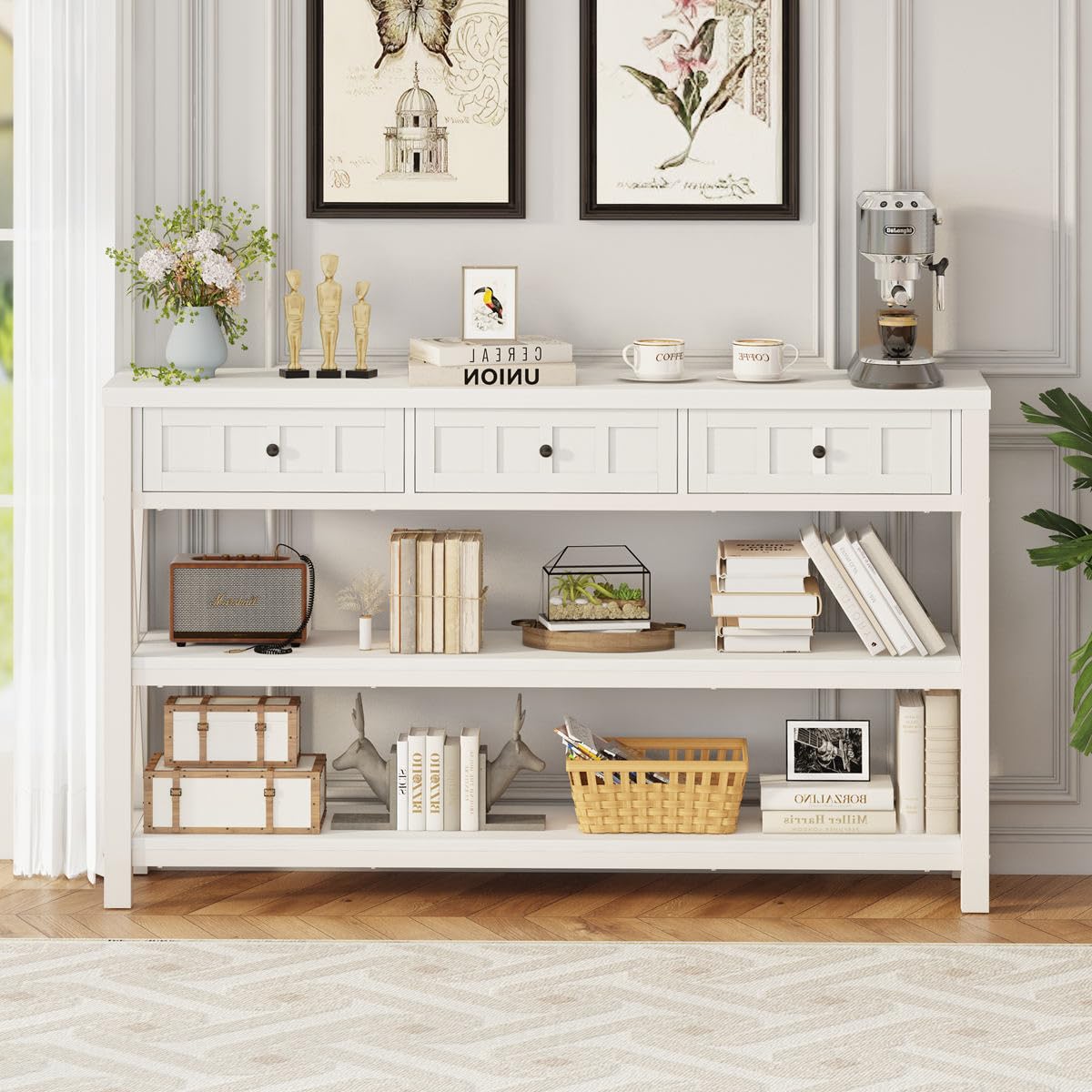 FATORRI Console Table for Entryway, Wood and Metal Sofa Table with 3 Drawers for Living Room, Farmhouse Hallway Tables and Modern Couch Tables Behind Sofa (54.72 Inch Long, White Oak)