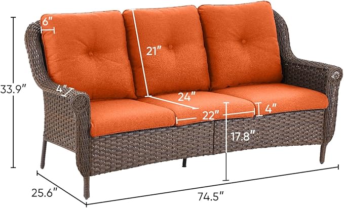 ACTREST Patio Couch Outdoor Wicker Sofa - Heavy Duty All-Weather Brown Rattan 3-Seater with High Back and Comfortable Thick Cushions for Garden Back Porch Poolside Apartment - Orange