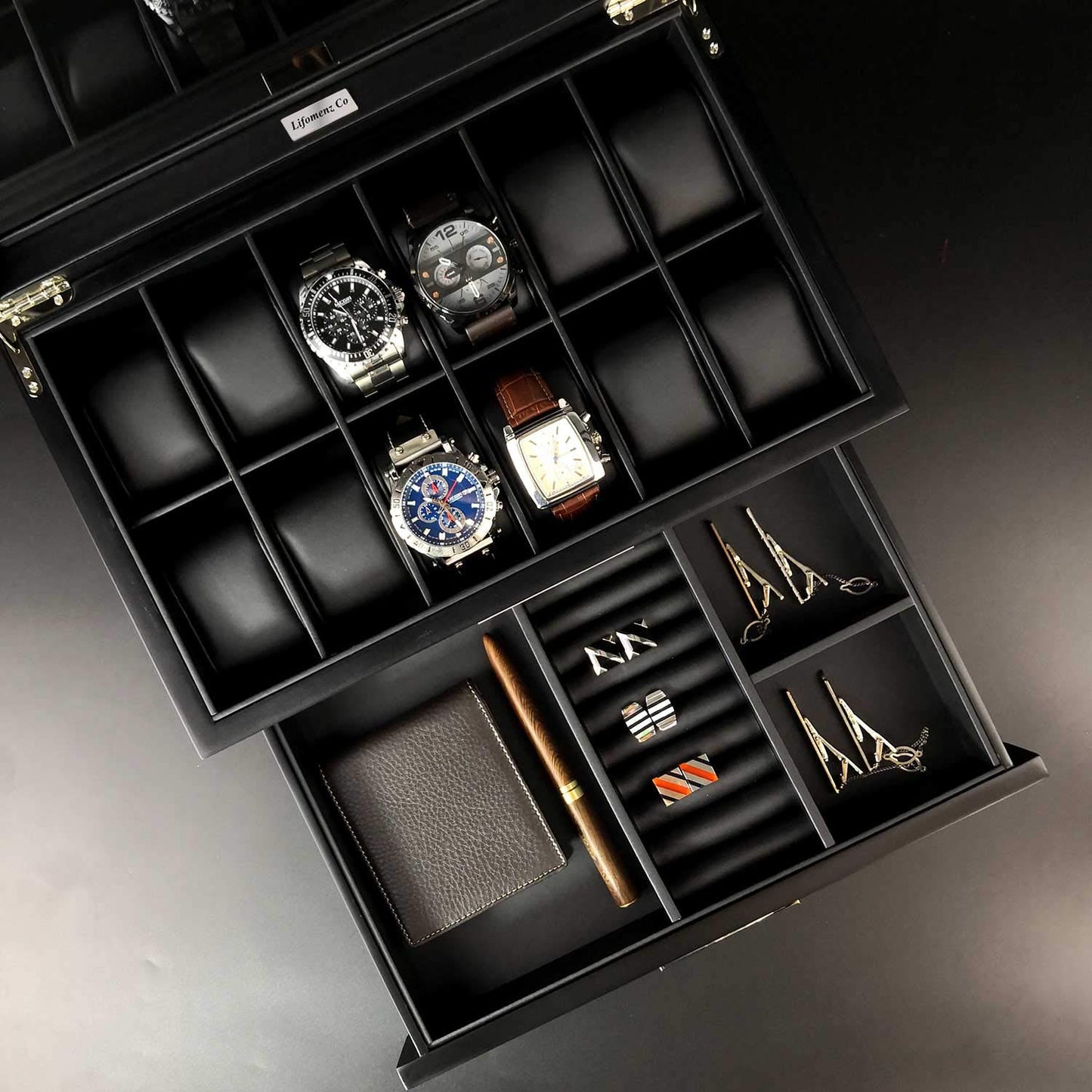 Lifomenz Co Watch Box for Men 12 Slot Wooden Watch Organizer - Premium Walnut Watch Display Case Storage with Valet Drawer, Real Glass Window & Luxury Leather Interior