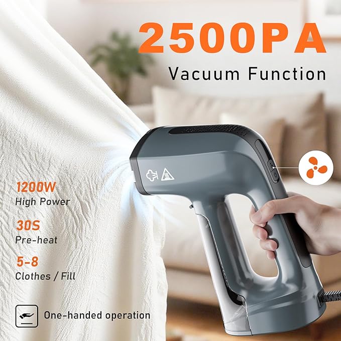 GHORA Vacuum Steamer for Clothes, 2500Pa Strong Suction Handheld Garment Steamer, Portable Travel Steamer & Iron Dual-Mode (110-120V)