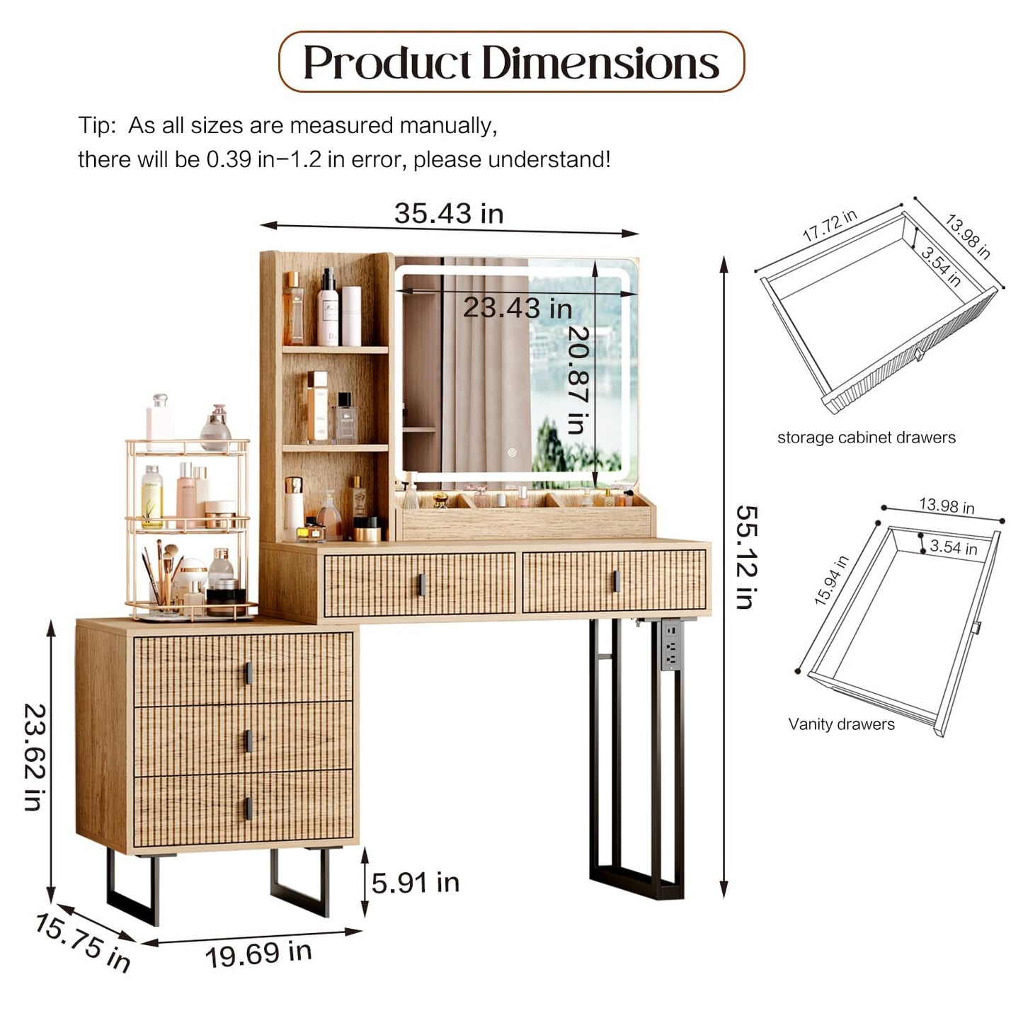 Large Vanity Desk with 3 Color Touch Screen Dimming Mirror, Vanity Desk with Charging Station, Modern Retractable Makeup Dressing Table, Makeup Table With storage shelves and 5 Sliding Drawers, Oak