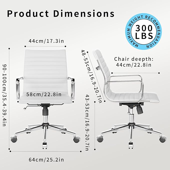 LUXMOD White Office Chair Ergonomic Swivel Desk Chair with Armrests Comfortable Heavy-Duty Chair for Office or Conference Table ，White 22.83in Seat