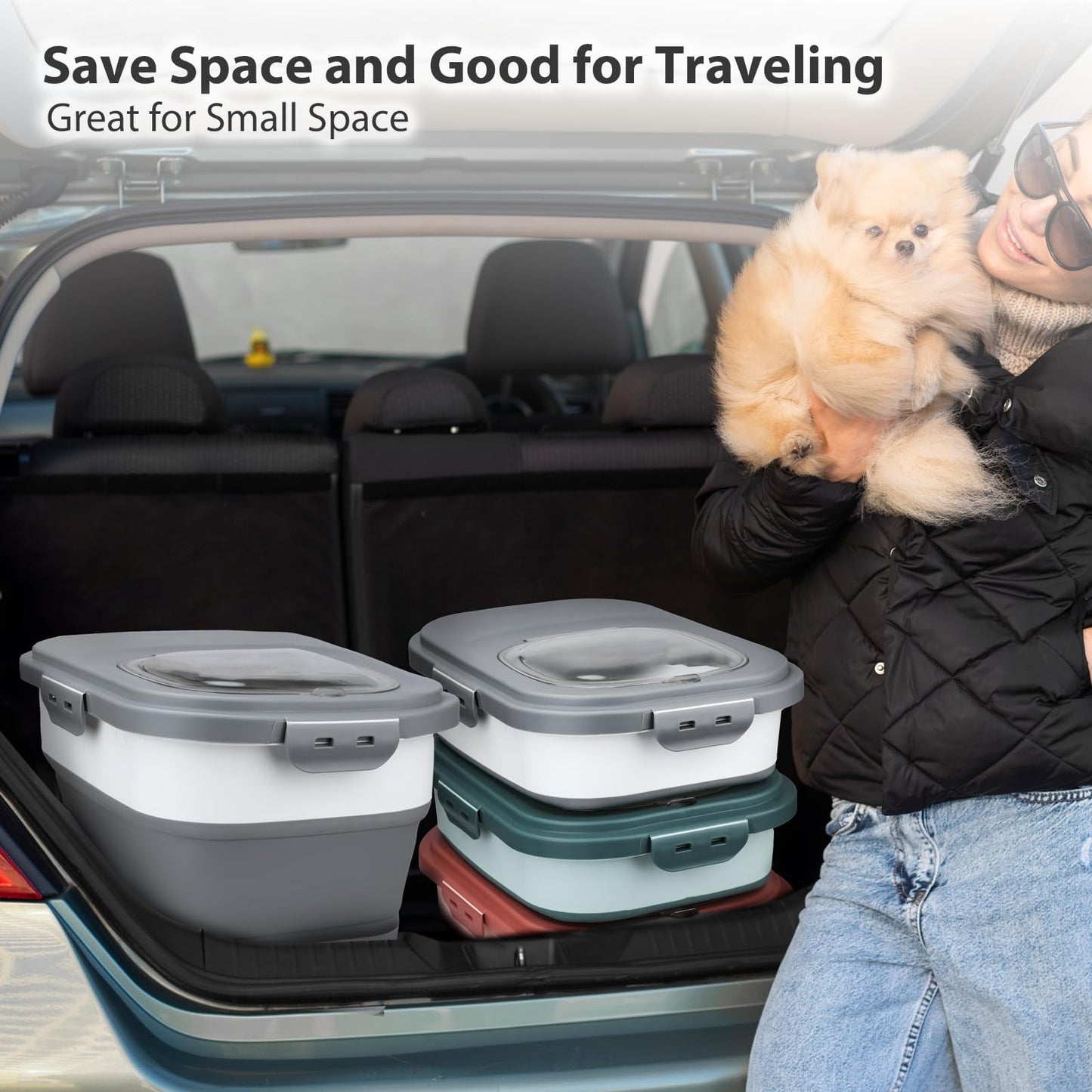 Viretec Dog Food Storage Container, 5-20Lbs Collapsible Pet Food Storage Containers with Rolling Wheel Airtight Locking Lid, Dry Food Storage Bin with Cup and Scoop,Suitable for Pet Food, Rice, Flour