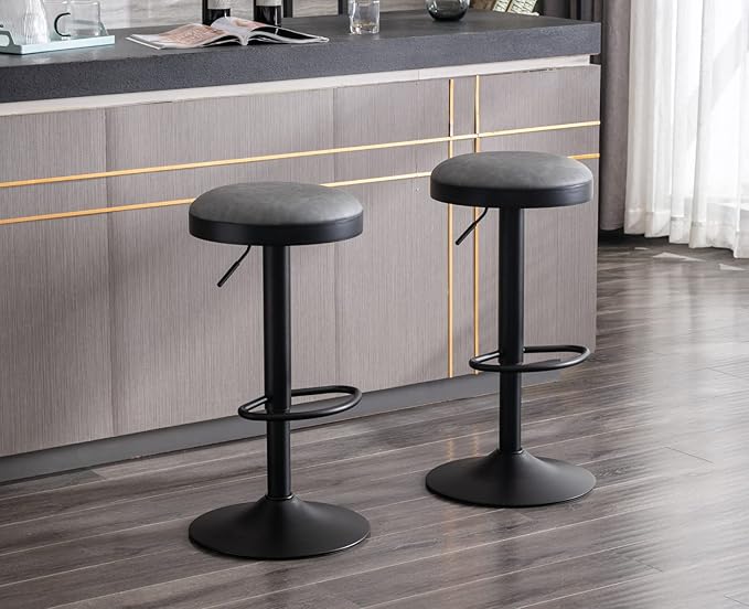 EALSON Modern Swivel Bar Stools Set of 4 Adjustable Counter Height Backless Barstools with Metal Base Leather Upholstered Round Bar Stool Chairs for Kitchen Island/Pub/Breakfast Bar, Grey