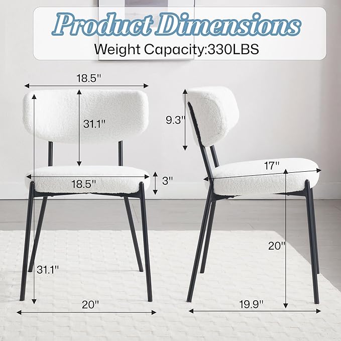 KCC Boucle Dining Chairs Set of 4, Modern Mid-Century Upholstered Stylish Kitchen Chairs Sherpa Accent Diner Chairs with Metal Legs and Curved Back for Kitchen, Dining Room(White)