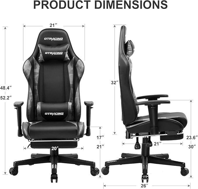 GTPLAYER Gaming Chair with Footrest, Ergonomic Computer Game Desk Chair, Reclining Game Chair Seat Height Adjustment, Swivel Rocker with Headrest and Lumbar (Camouflage)