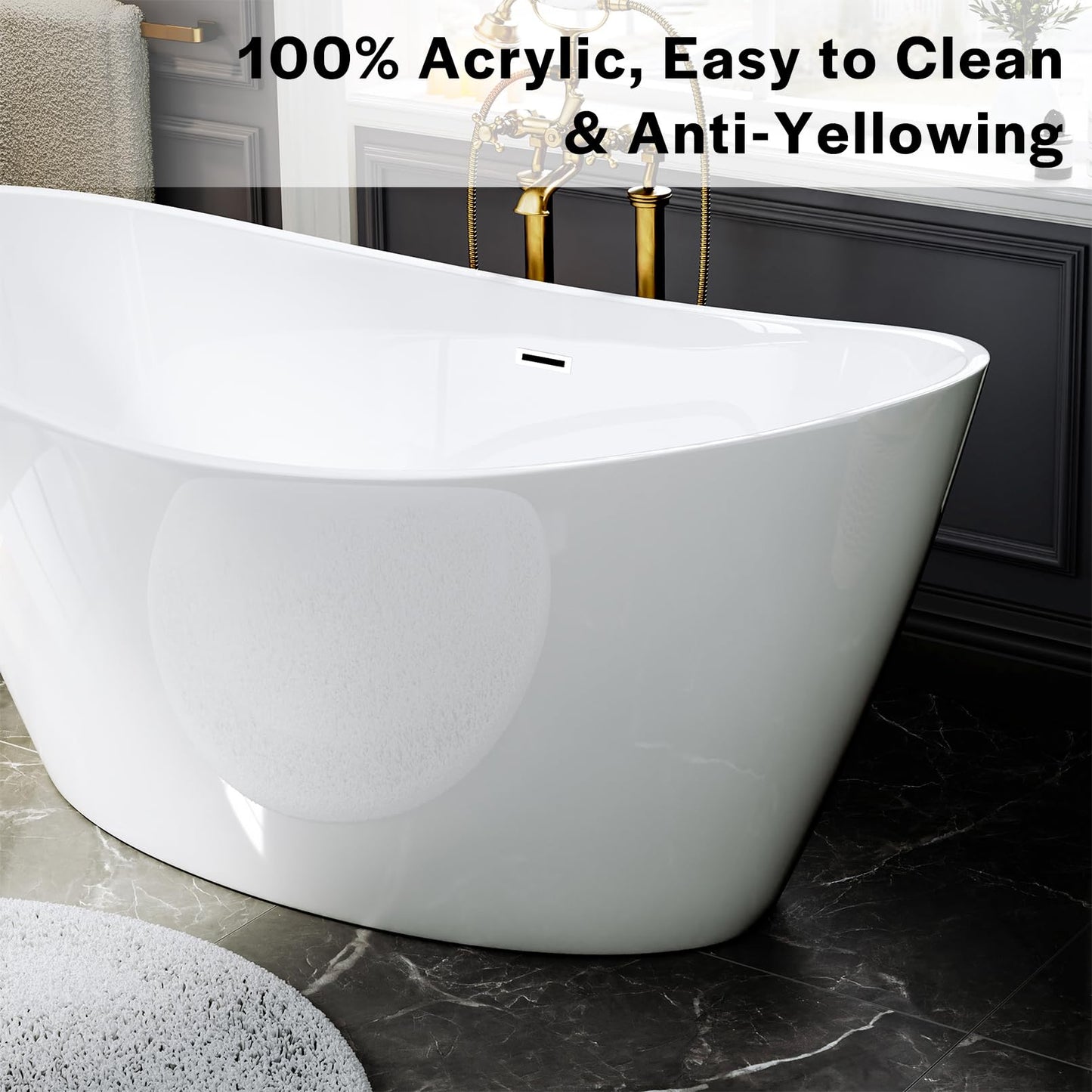 Empava Bathtub, 67" Soaking Tub, Acrylic Free Standing Tub with Center Drain and Overflow, Contemporary Design Bathtub for Bathroom, cUPC Certified, Glossy White