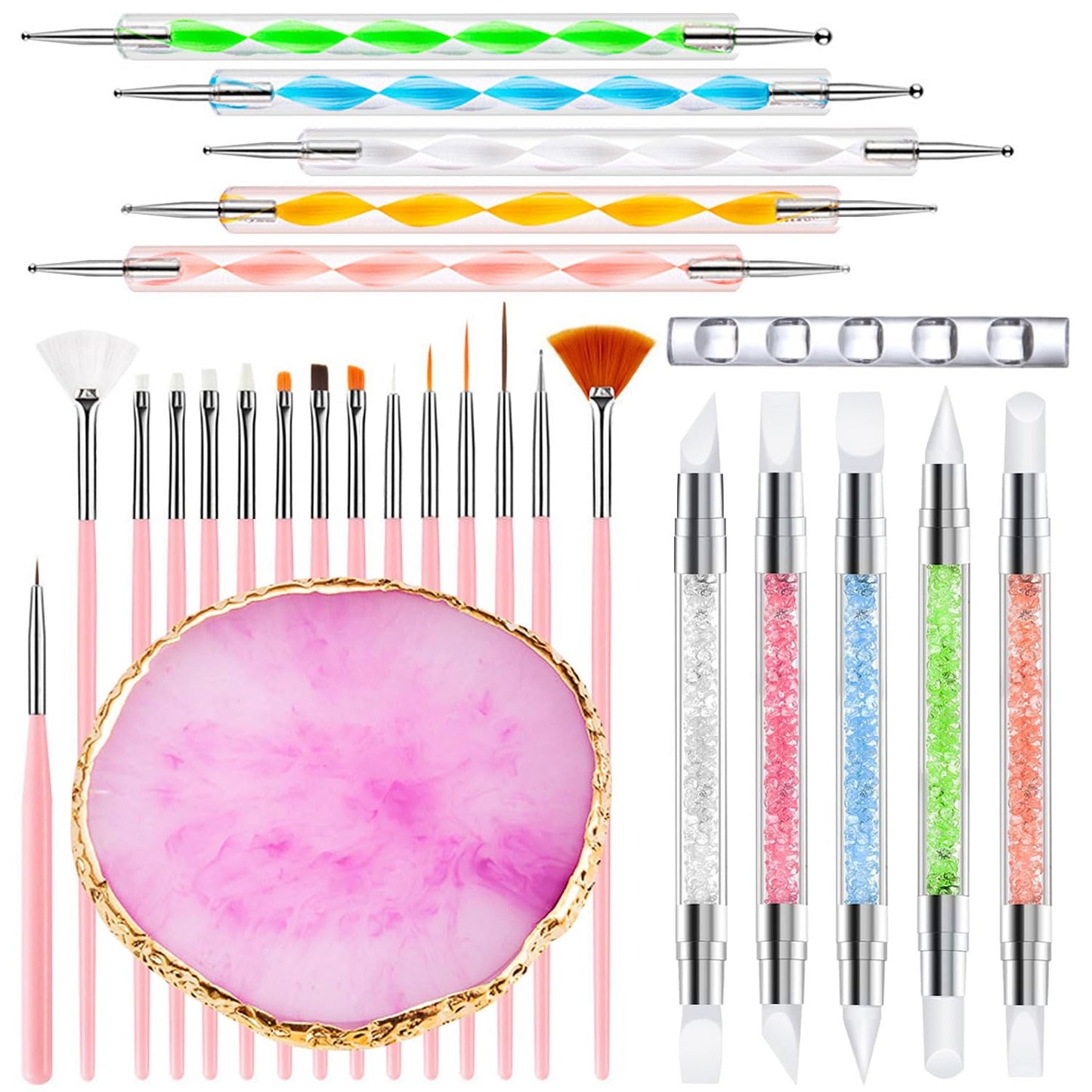 Nail Art Tools 27Pcs Set,Nail Art Brush,Resin Nail Art Palette,5 Pcs Nail Art Sculpture Pen,2-way Acrylic Silicone Engraving Pen