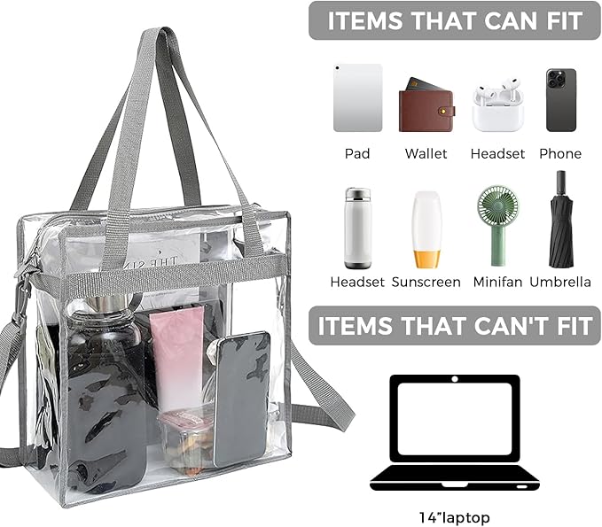BAGAIL Clear Bags 12x6x12 Stadium Approved Clear Tote Bag with Zipper Closure Crossbody Shoulder Bag with Adjustable Strap