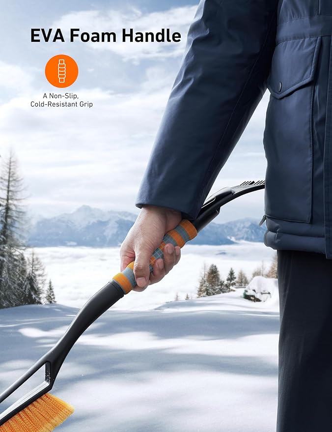 AstroAI 2 Pack 27" Snow Brush and Ice Scrapers for Car Windshield, Detachable Snow Scrapers with Ergonomic Foam Grip for Cars, Trucks, SUVs (Heavy Duty ABS, PVC Brush, Orange)