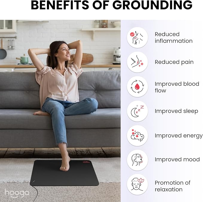 Hooga Grounding Mat for Sleep, Energy, Pain Relief, Inflammation, Balance, Wellness. Earth Connected Indoor Grounding for Home, Office, Work. 15 Foot Cord Included. Conductive Carbon