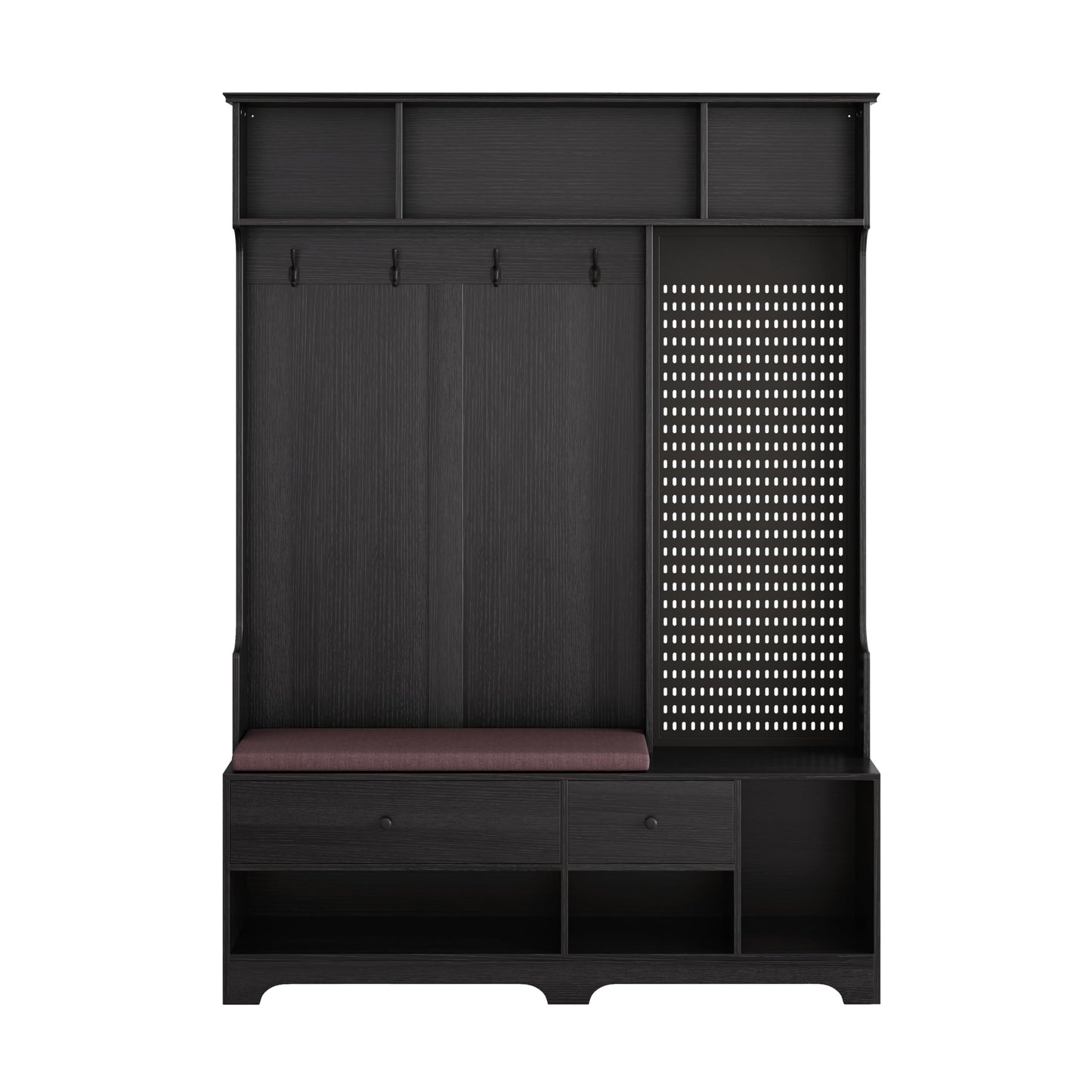 CHUNLY Multi-Purpose Entryway Hall Tree with Removable Linen Cushioned Storage Bench, Shoe Bench with Coat Rack, Storage Shelves, and DIY Pegboard for Entrance, Hallways, Foyer, Porch (Black)