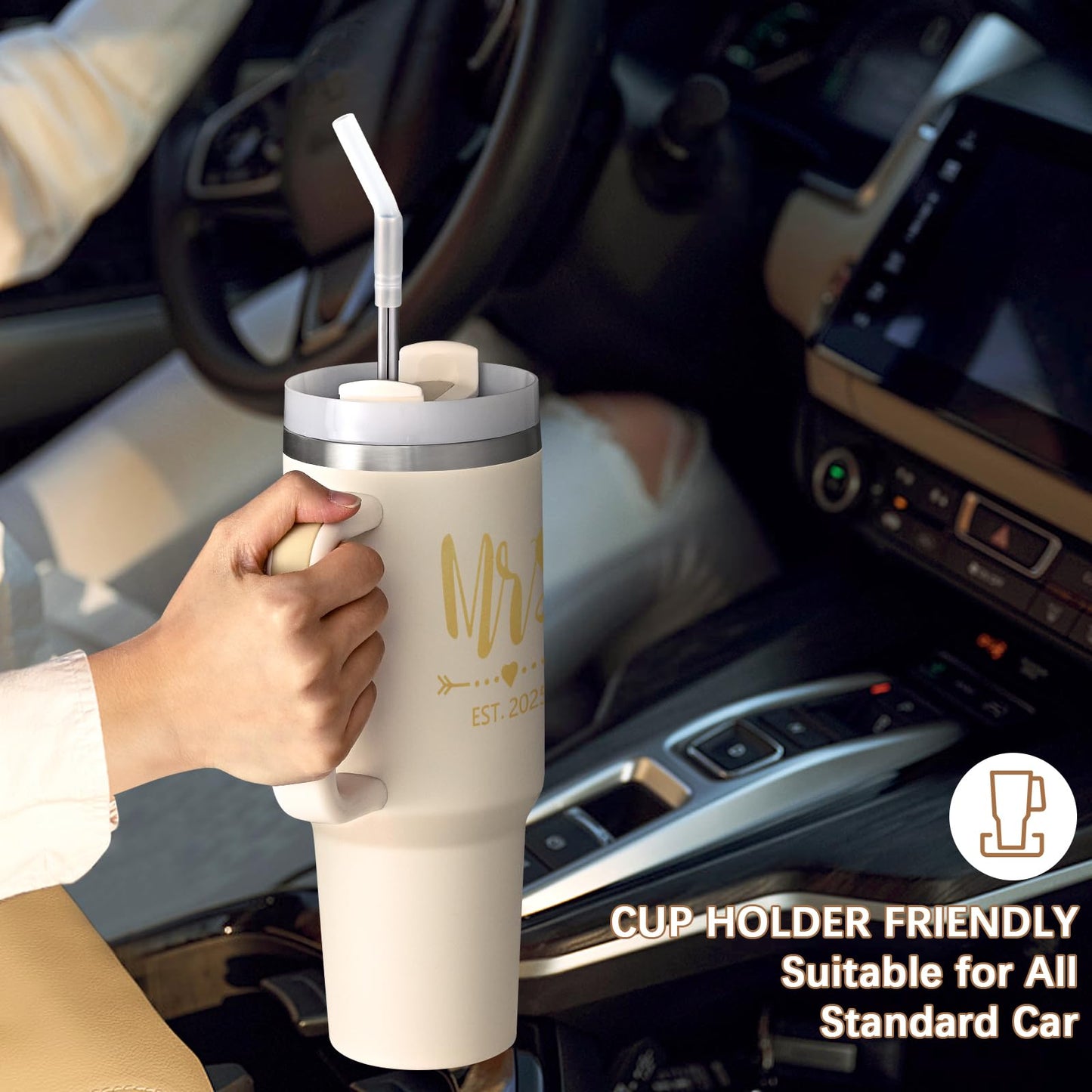 Qtencas Mr and Mrs Gifts, Mr and Mrs EST 2025 Stainless Steel Travel Tumblers Set, 40 oz 2025 Travel Mug for Couples Newlyweds, Engagement Wedding Gifts, Bridal Shower Anniversary Cups（Black & Beige）