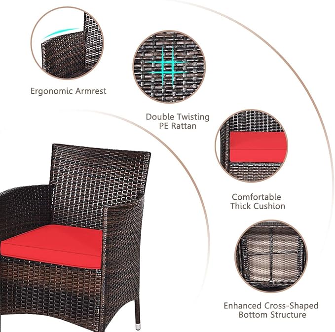 HAPPYGRILL 3-Piece Patio Furniture Set Outdoor Rattan Wicker Conversation Set with Coffee Table Chairs & Thick Cushions Bistro Sets for Patio Garden Lawn Backyard Pool