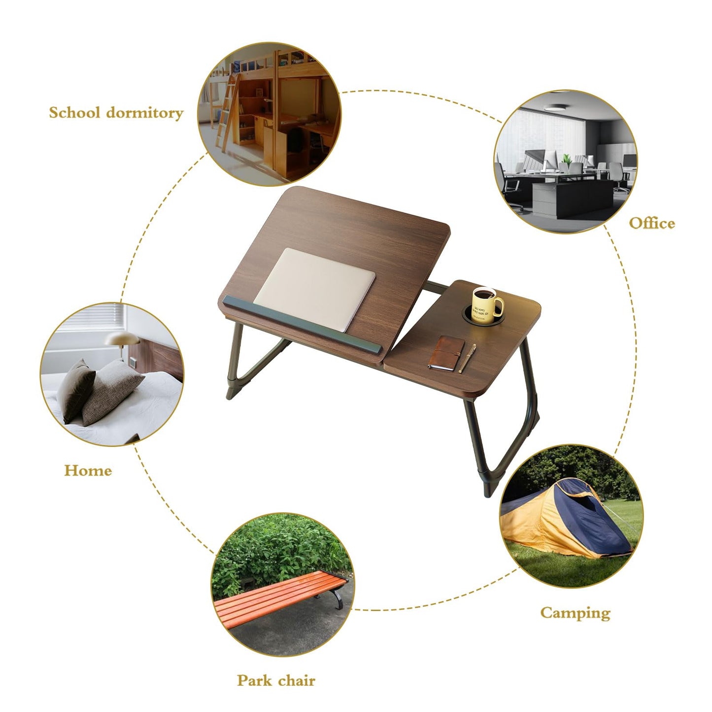 YPRNM Bed Desk for Laptop, Foldable Laptop Table for Bed and Sofa, Bed Trays for Eating and Laptops with Cup Holder, 5 Levels of Adjustable Height(Black Walnut)
