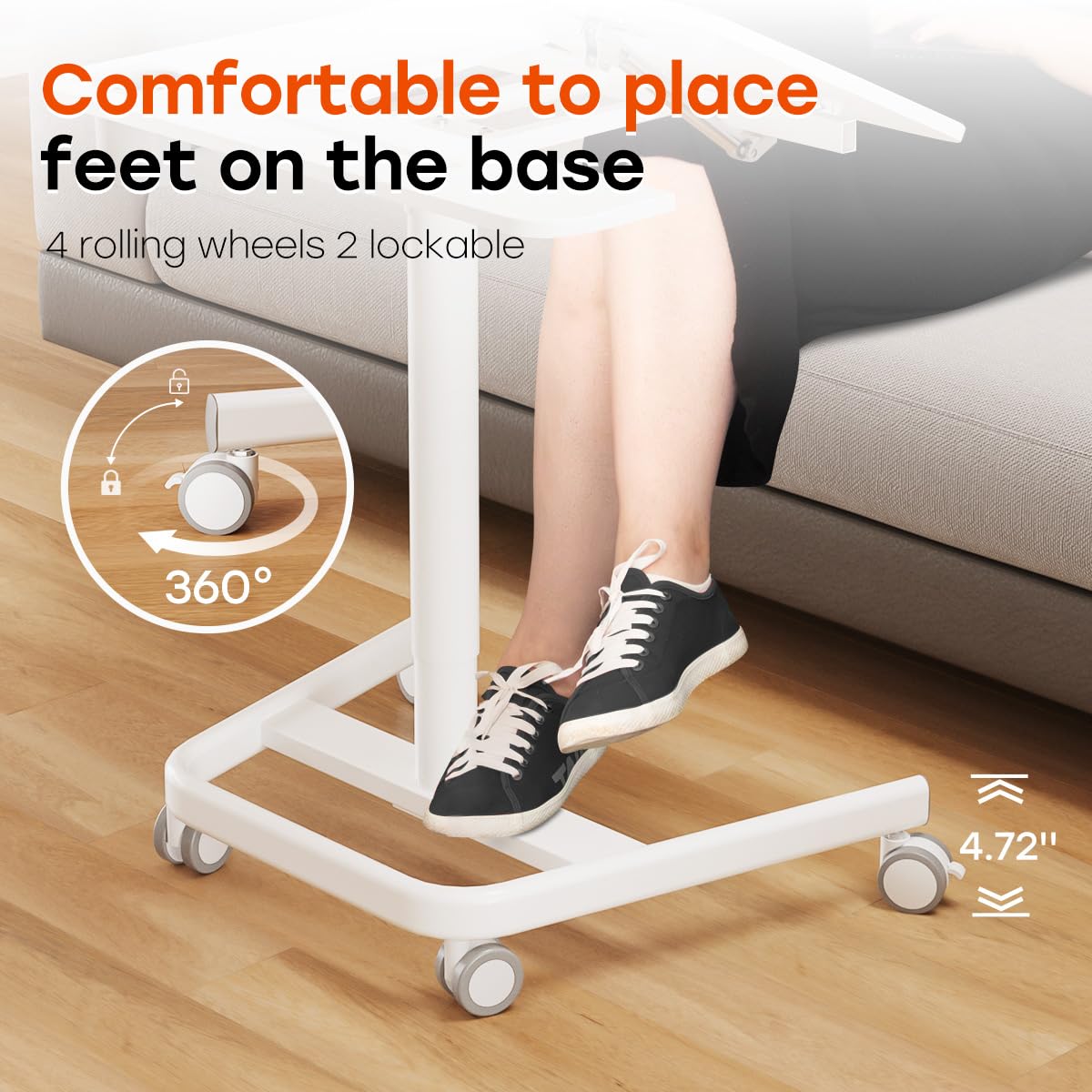 JOY worker Mobile Standing Desk, Height Adjustable Table, 60° Tiltable Rolling Laptop Desk, Portable Sit Stand Desk with Wheels Cup Holder for Bed Couch School, Holds Up to 22lbs, White