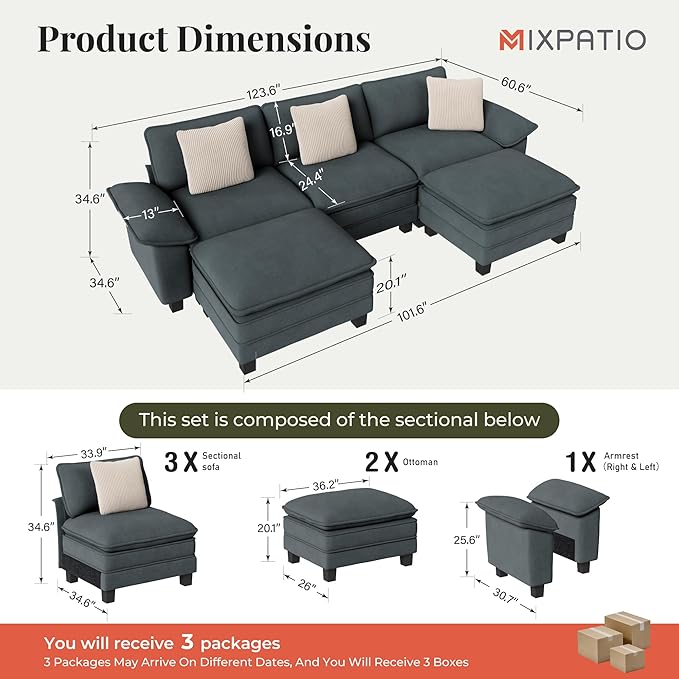MIXPATIO 123-Inch U Shaped Sectional Sofa with Cloud Cushions, Deep Seat Modular Couch Set w/ 5 Seats & 2 Ottomans, Removable Arms, Plush Chenille Upholstery for Living Room, Apartment - Cyan