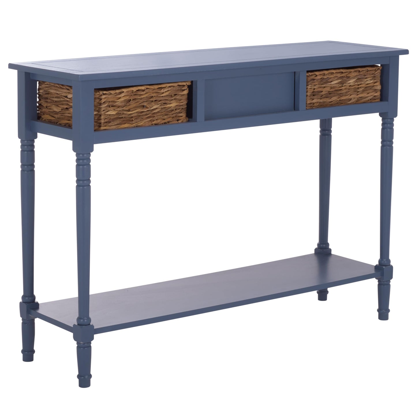 SAFAVIEH Home Collection - Christa Entryway Console Table, Blue Solid Wood 3-Drawer Storage Sofa Table with Rattan Baskets (AMH5737H)