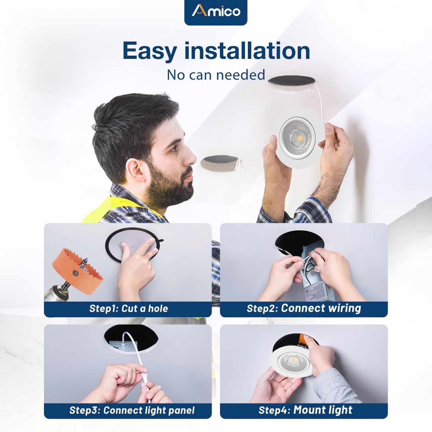 Amico 6 Pack 4 Inch 5CCT Gimbal LED Recessed Lighting, 360°&90° Adjustable Eyeball Directional Downlight, Dimmable, 2700K/3000K/3500K/4000K/5000K Selectable, CRI90+ 9W 700LM, ETL&FCC