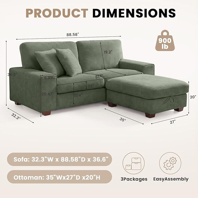 DOPEDIO L-Shaped Sectional Sofa with Storage Ottoman, Modern Chenille Recliner Loveseat, Removable Couch Covers, Pocket Spring Cushions, Solid Wood Frame, Easy to Install (88.58inch, Green)