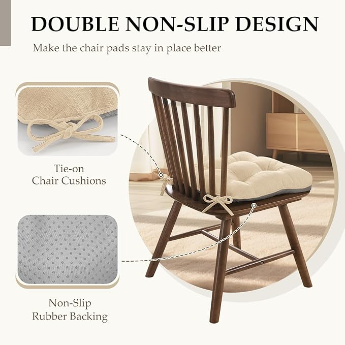 HARBOREST Chair Cushions for Dining Chairs Set of 4 - Chenille Tufted Kitchen Chair Cushions with Ties and Non-Slip Bottom, Foam Chair Pads for Dining Chairs, 17" x 17", Ivory