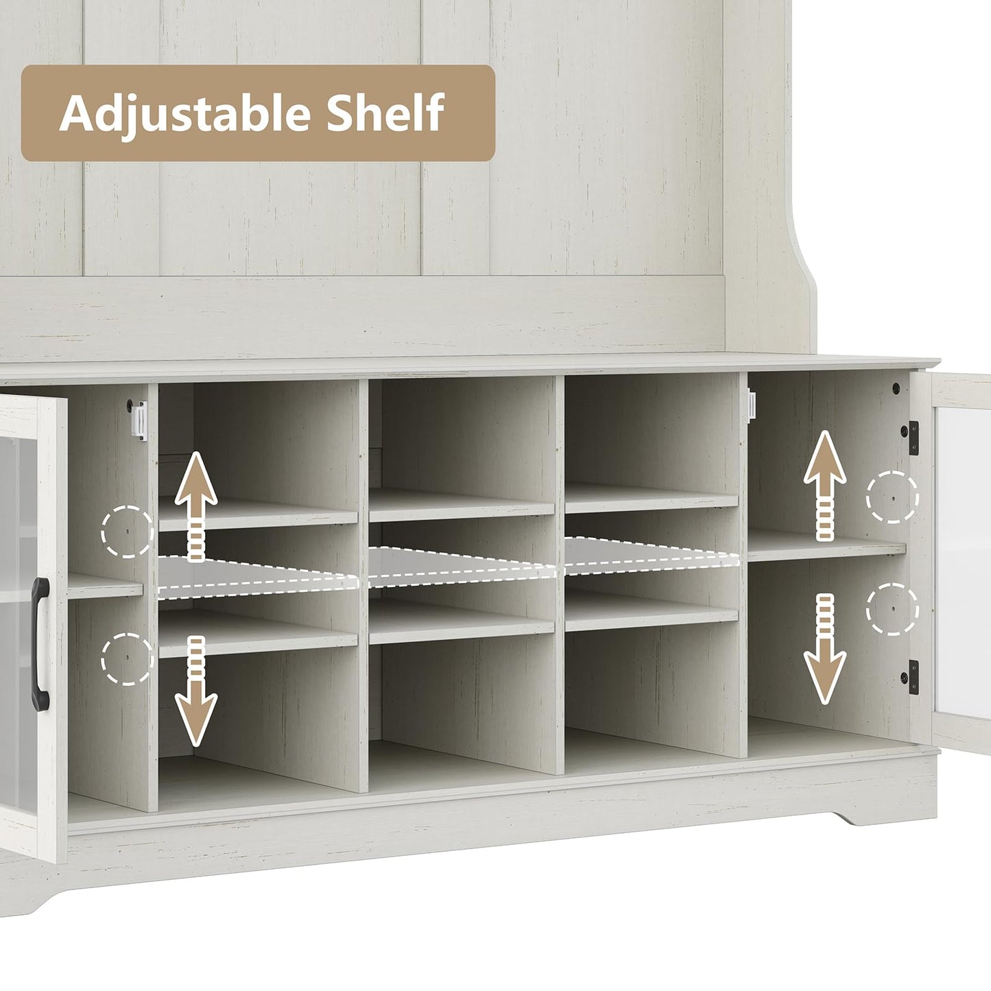 Furnihold 51.3'' Hall Tree, Off White Entryway Bench with Coat Rack, 10 Shoe Storage & 7 Coat Hooks & Adjustable Shelf, Glass Door Farmhouse Wooden Style Hall Tree with Shoe Storage Bench