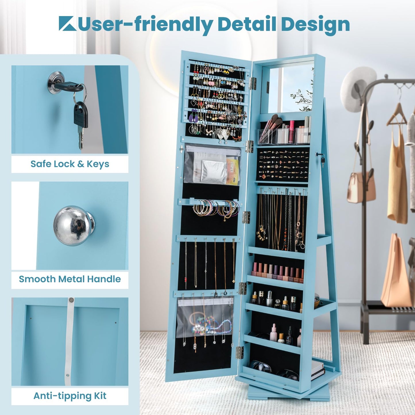 MAT EXPERT 360 Rotating Jewelry Armoire with Mirror, Freestanding Jewelry Storage Mirror w/78 Ring Slots, 24 Necklace Hooks, 120 Earring Slots, Lockable Jewelry Organizer for Makeup (Blue)