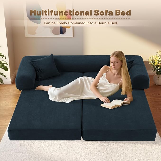 GJQ Convertible Futon Sofa Bed,80" Folding Pull Out Couch with Pillows & Storage Pocket, Oversized Queen Sleeper Sofa in a Box,Corduroy Boneless Couch for Living Room,Navy Blue