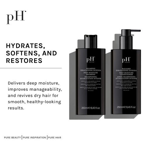 pH PURE HAIR Deep Moisture Shampoo & Conditioner Set - Moisturizing Formula For Dry Damaged Hair - Enriched with Kokum Nut Butter and Rose Extract - 8.45 Oz (Pack of 2)