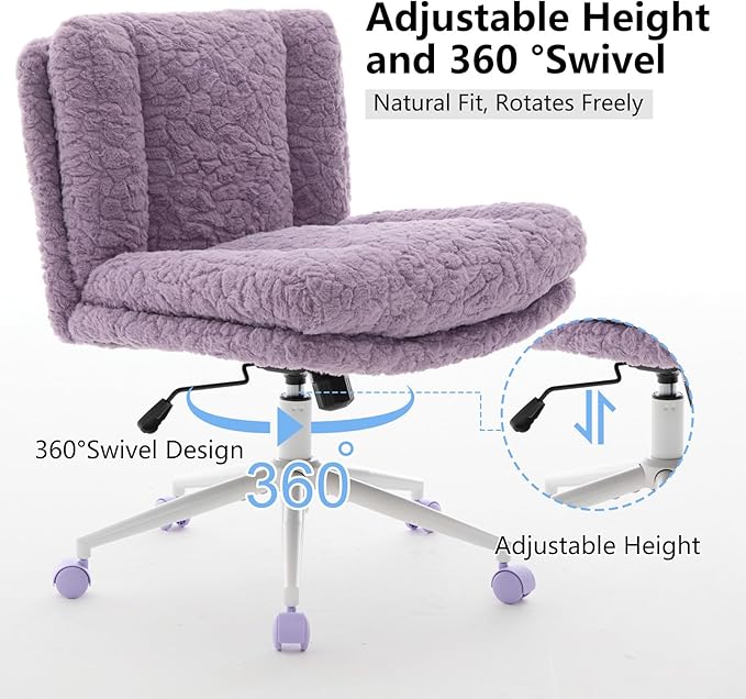 Cross Legged Office Chair with Wheels, Comfy Armless Office Chair with Extra-Deep Seat & 2-Layer Cushions, Adjustable Height, Tilt-Back Swivel Faux Fur Vanity Chair for Home Office, Violet