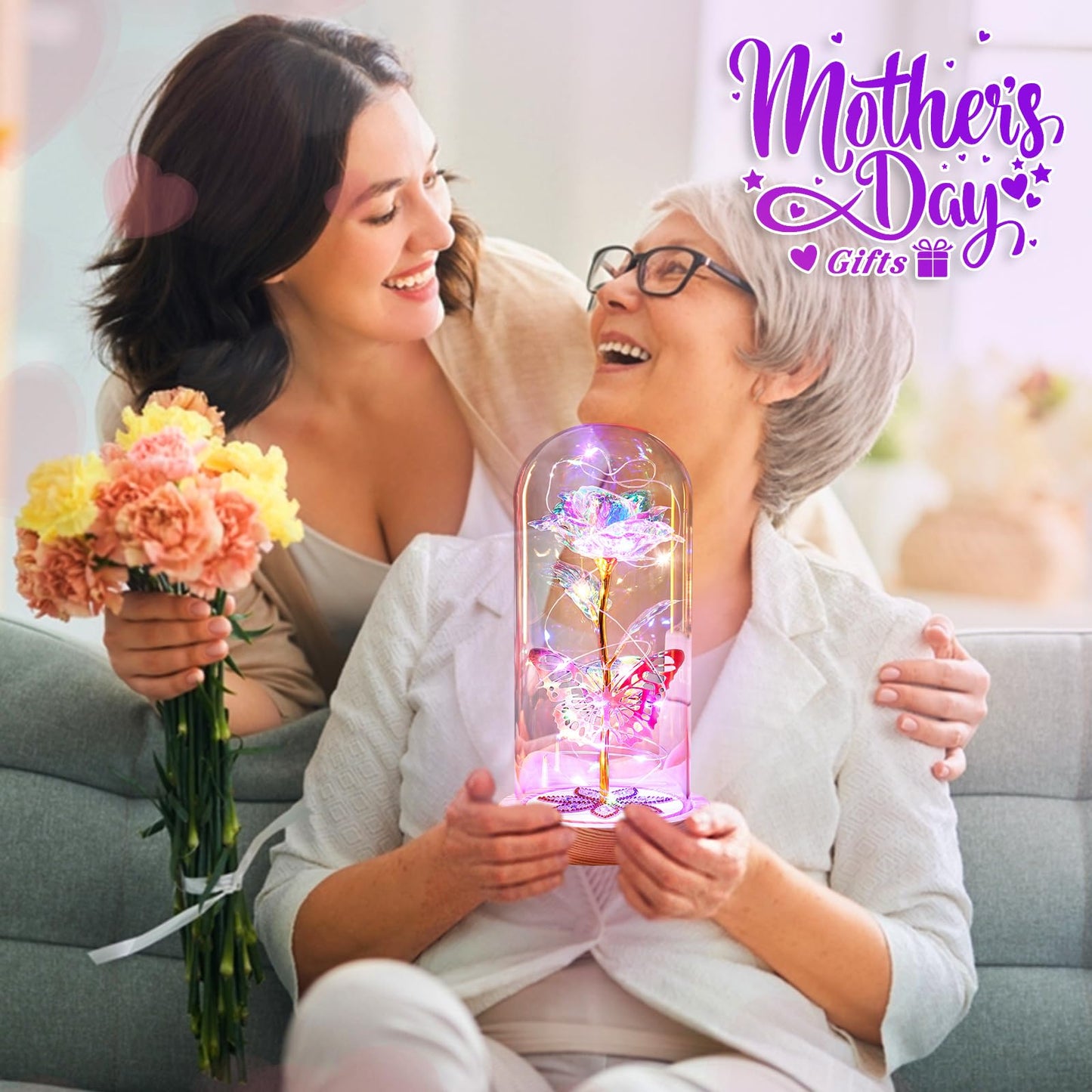 Birthday Gifts for Women Mom Galaxy Glass Rose Forever Preserved Flowers for Delivery Prime Artificial Eternal Rose in Glass Dome Mothers Day Moms Gift for Grandma Wife Daughter, Rainbow