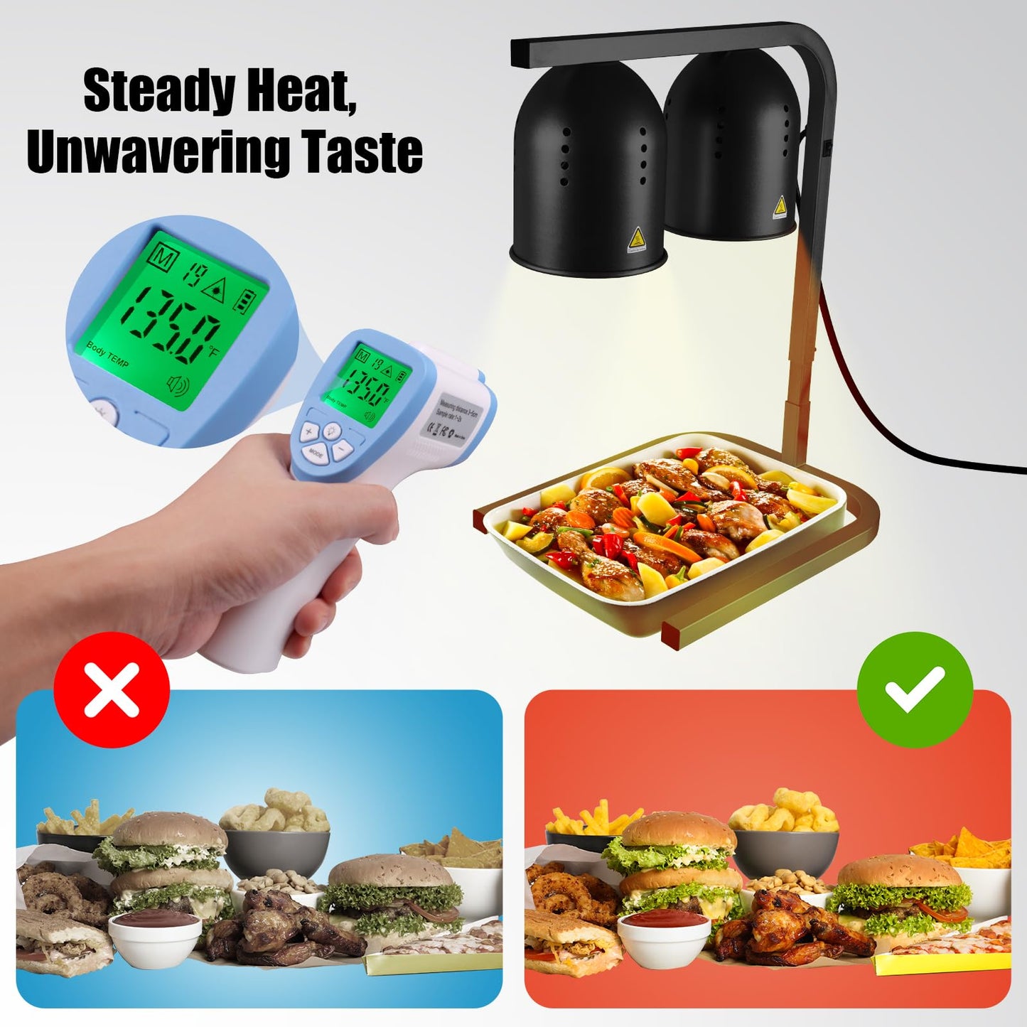 VORIGY Heat Lamp for Food, with Two 250W Bulbs for Fast and Even Heating, Food Heat Lamp with Adjustable Height Stand, Commercial Food Warmer Lamp for Home, Fast Food Restaurant, Buffet, Bakery Black