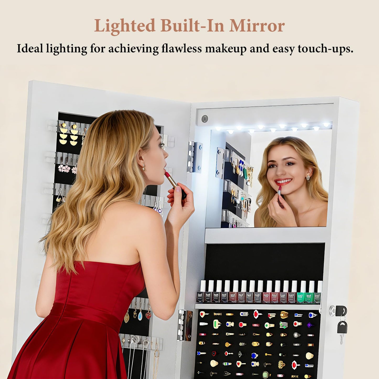 FAVSH Jewelry Cabinet with Drawer, 5-In-1 Standing Jewelry Armoire with LED Lights, 360° Swivel Jewelry Organizer with Full Length Mirror, White