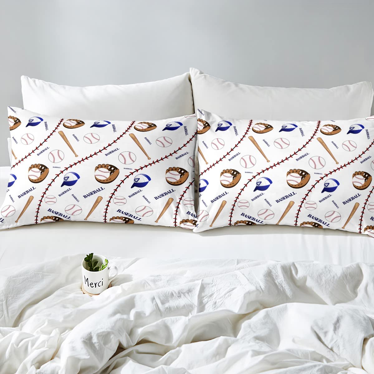 Sports Baseball Bed Sheet Set Baseball Bat and Gloves Hat Decor Bedding Sheets for Kids Boys Fun Sports Bedding Fitted Sheet Ball Competition Games Bed Cover Room 4Pcs Full Size