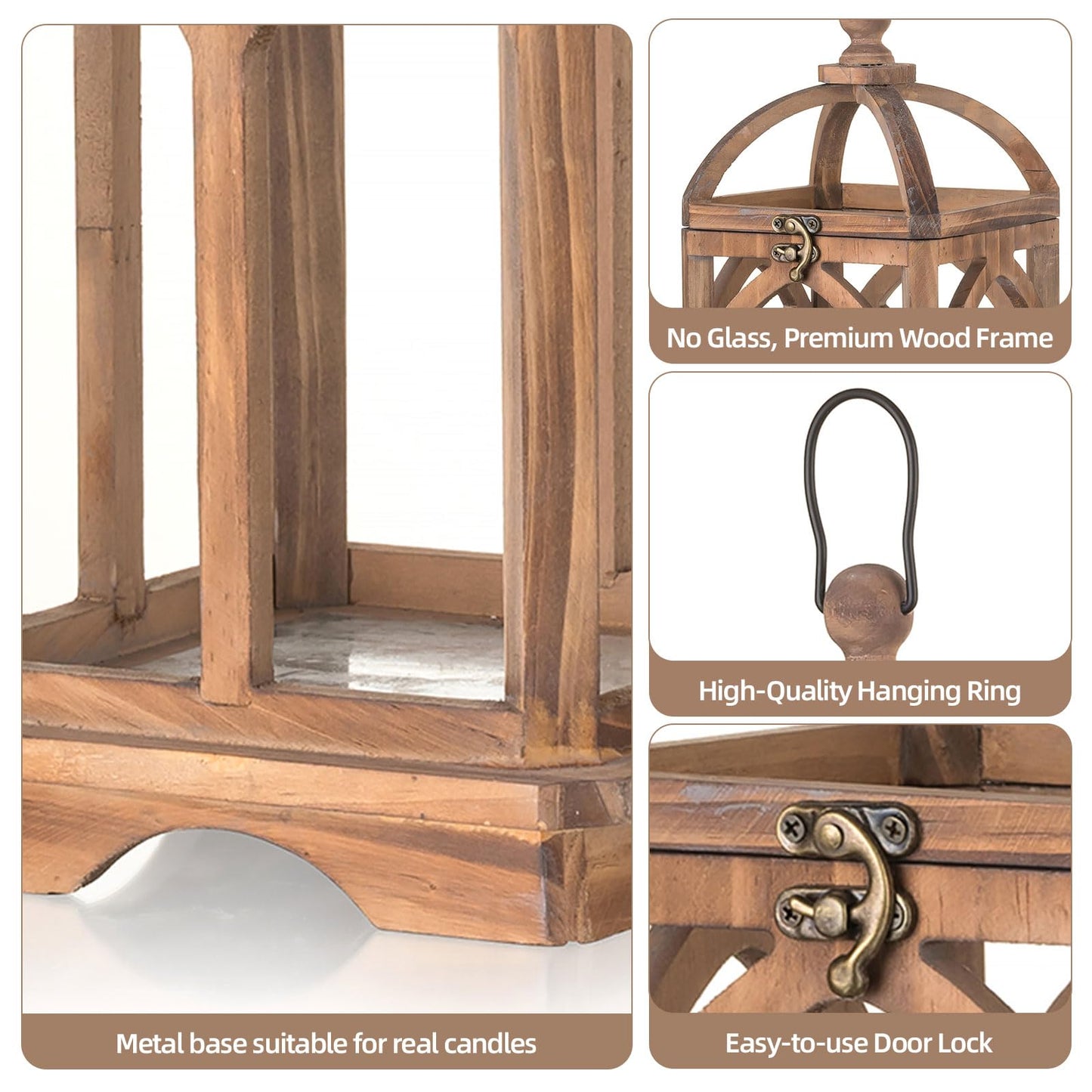 Staymoment Farmhouse Lanterns Decorative Indoor: 11" & 15" Set of 2 Brown Wooden Candle Holder Lanterns for Table Centerpiece Fireplace Mantle Home Decor