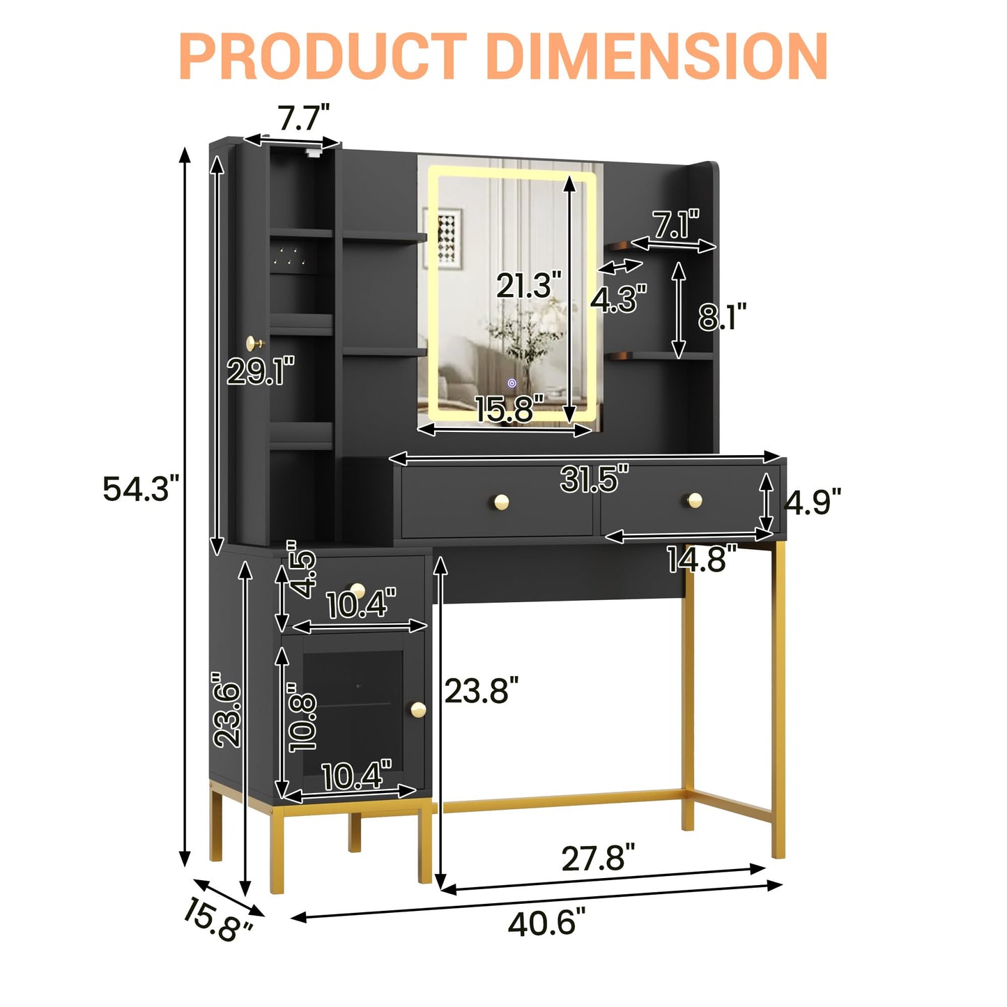 IDEALHOSUE Vanity Desk with Mirror and Lights, Makeup Vanity with Jewelry Storage, Cabinet, Drawers, Modern Makeup Desk with LED Lighting and Charging Station for Bedroom, Black