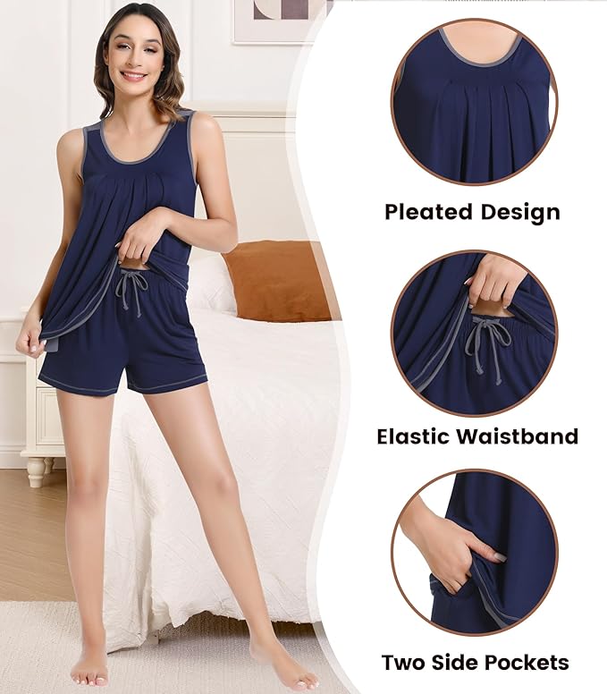NACHILA Pajamas for Women-Viscose from Bamboo, Ribbed Racerback Tank Top Sexy Split Shorts Pajama Sets Cooling Sleep Cami Pjs