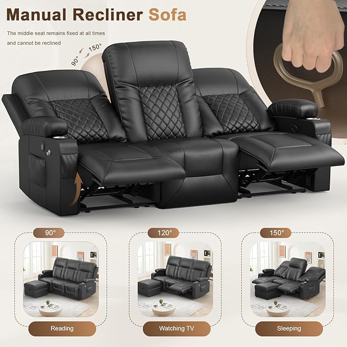 FURNIMAT Recliner Sofa with Storage Ottoman, 3 Seats Dual Reclining Sofa, PU Leather Loveseat Couch, Modern Recliner Chair for Living Room, with Cup Holder and 2 Cell Phone Holder, USB Ports
