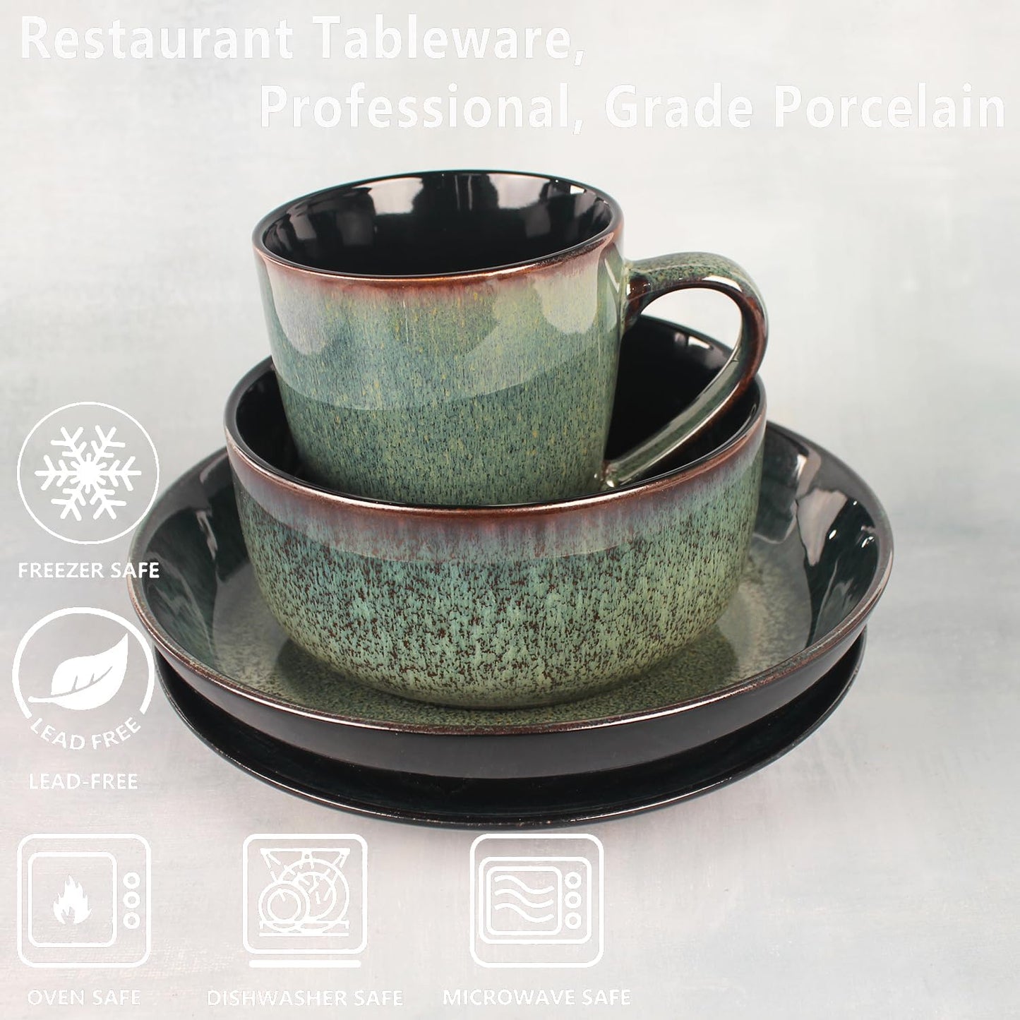 Dinnerware Sets(16Pcs) Serves for 4, Reactive Glaze Plates and Bowls Set with Mug,7.9"Small Plate,8.3"Salad Plate,5.5"bowl, Modern kitchen tableware,Microwave safe, Set No.4