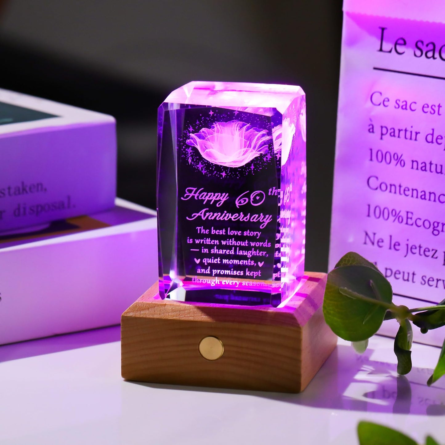 YWHL 60th Wedding Anniversary Crystal Gifts for Parents Grandparents, 60 Year Anniversary Glass Keepsake for Wife Husband, Romantic 3D Rose Gifts for Couples