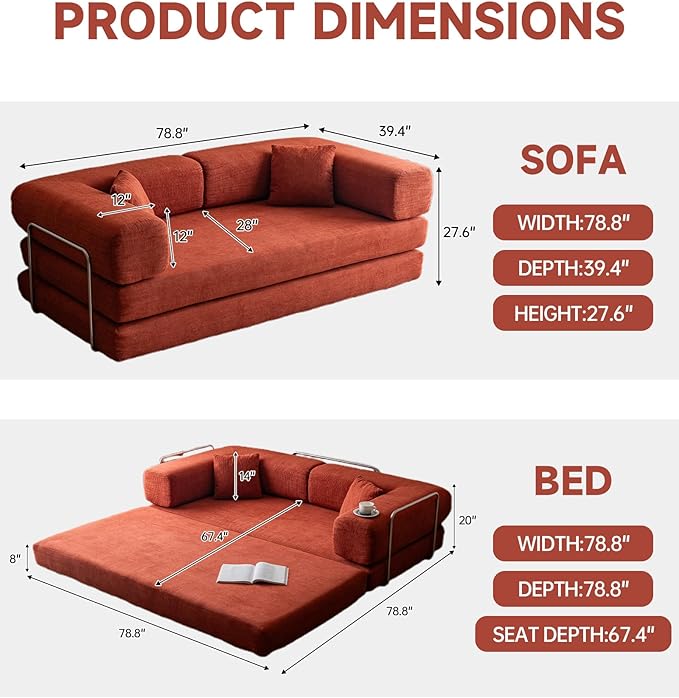 No Assembly Convertible Sofa Bed & 79" Boneless Couch with Pocket , 5-in-1 Futon Sofa Bed with 2 Pillows Modular Pull Out Couch Bed with Frame,Compression in Box for Living Room Small Spaces Orange