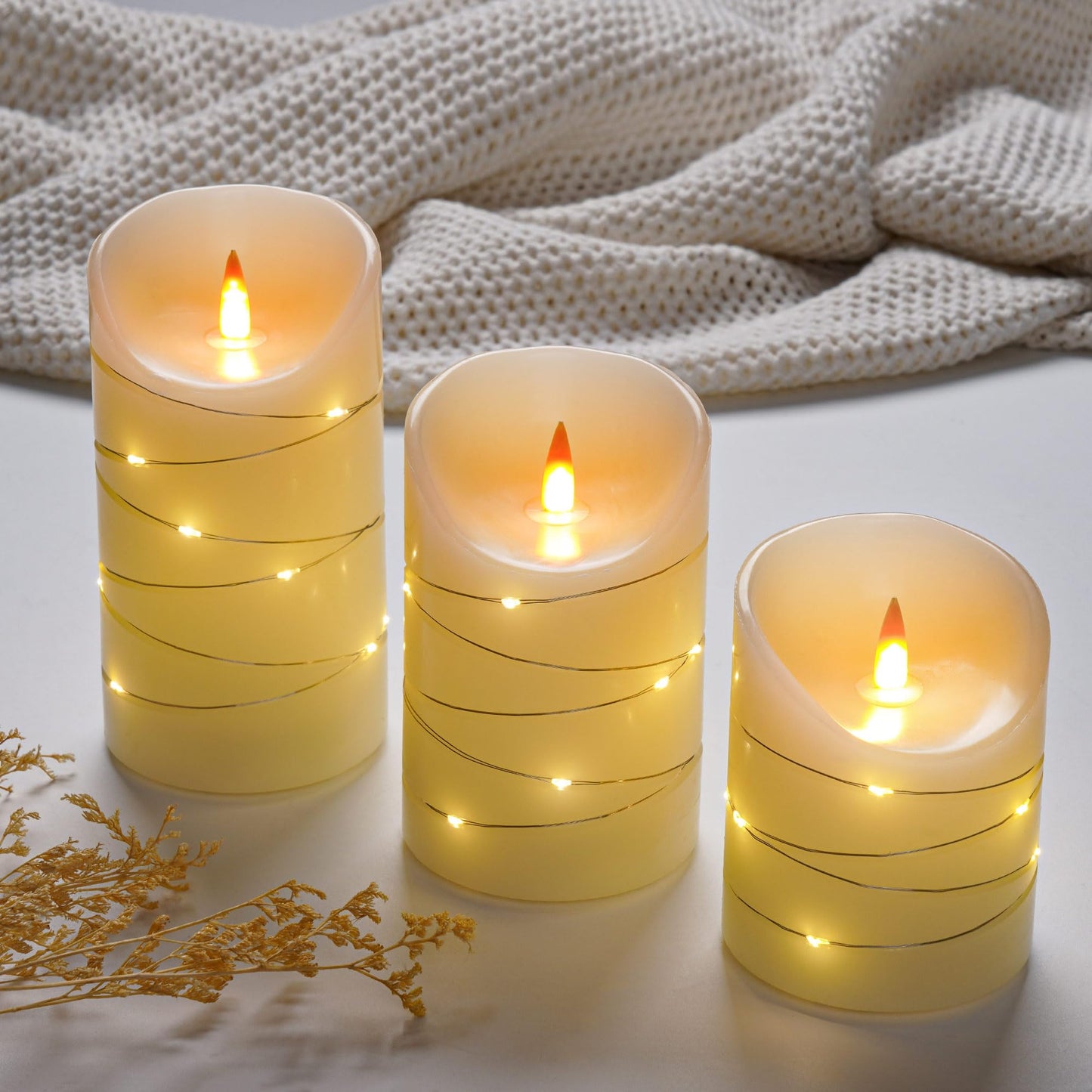 Ivory Rechargeable Flameless LED Candle 3-Piece Set (4/5/6 inches) - Real Wax with String Lights, Includes Remote and Timer, Safe and Realistic Flame, for Christmas/Halloween Home Decoration