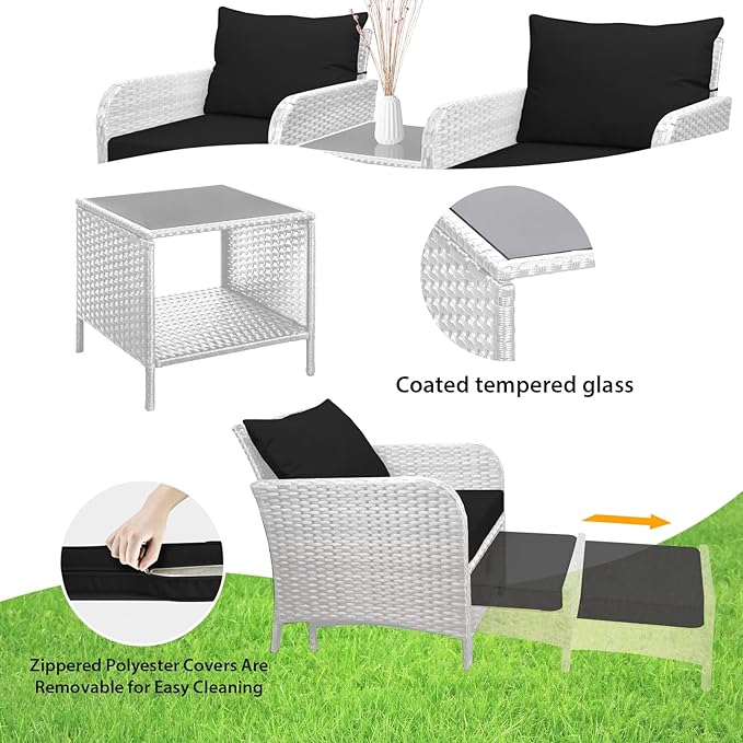 LEVELEVE Balcony Furniture 5 Piece Patio Conversation Set, PE Wicker Rattan Outdoor Lounge Chairs with Soft Cushions 2 Ottoman&Glass Table for Porch