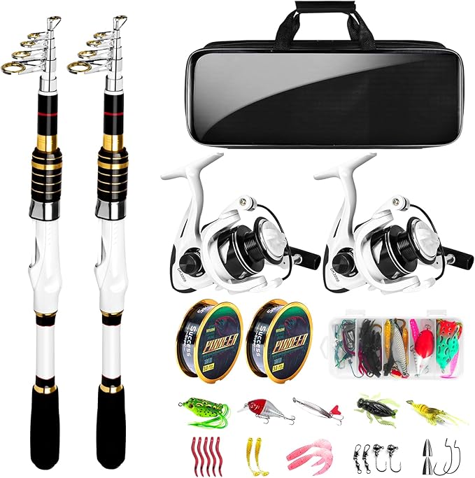 White Fishing Pole Combo, 2PCS 5.9FT Telescopic Fishing Rod and Reel Combo Spinning Reels Lures Set Fishing Line Carrier B...