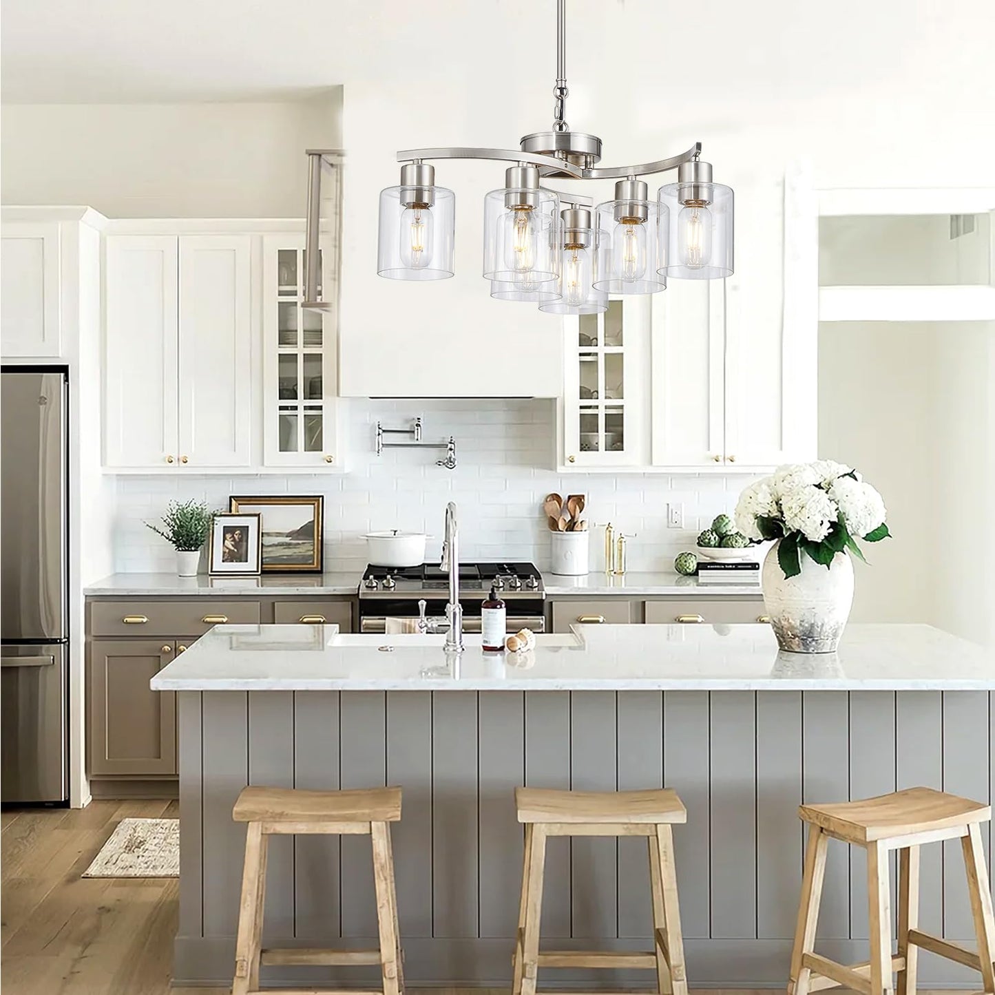 Eatich Modern Chandelier, Brushed Nickel Chandeliers for Dining Room, Adjustable Height 6 Light Dining Room Light Fixture, Hanging Light Fixtures Ceiling for Living Room Bedroom Kitchen Island