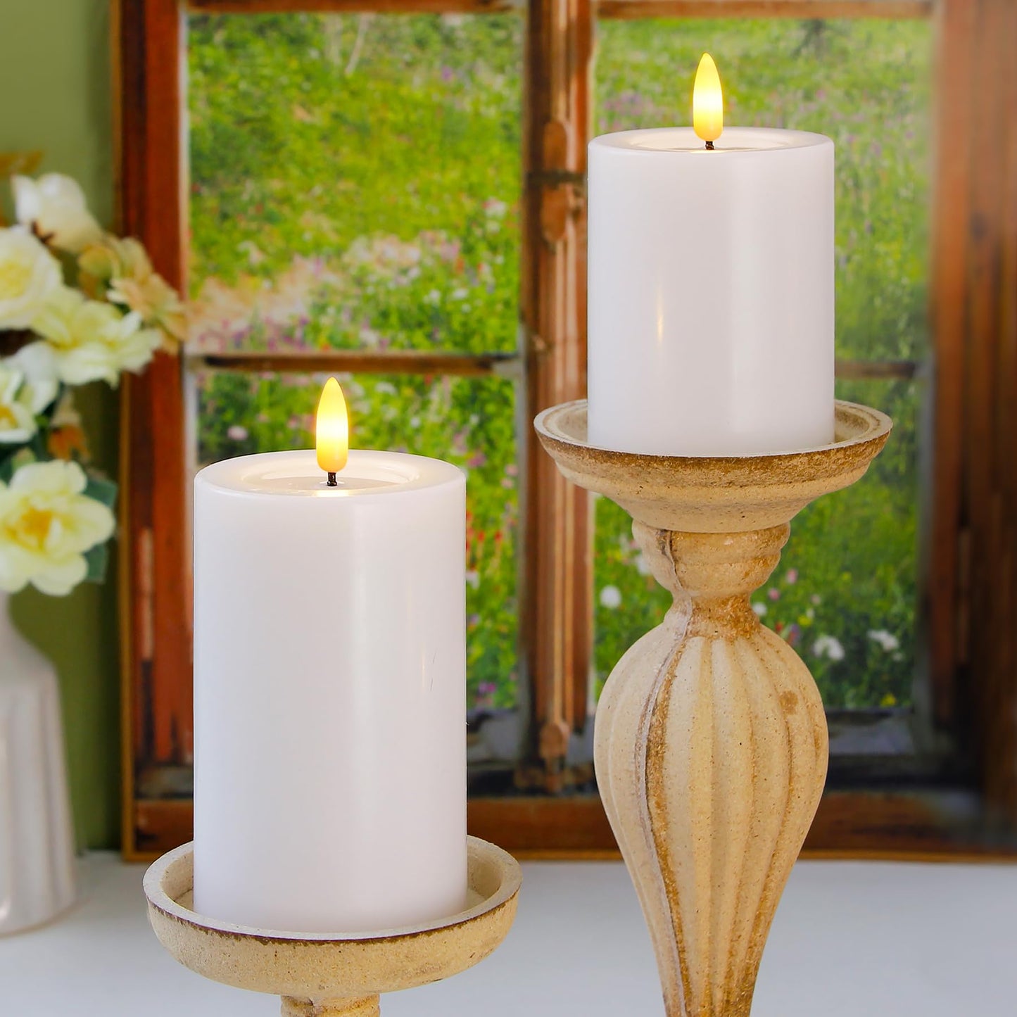 Yeelida Remote Flameless Flickering Pillar Candles with Candle Grease Effect,Pack of 3 White LED Battery Oprated 2/4/6/8 Hours Timer Real Wax Electric Candles(3x4,5,6 Inches)