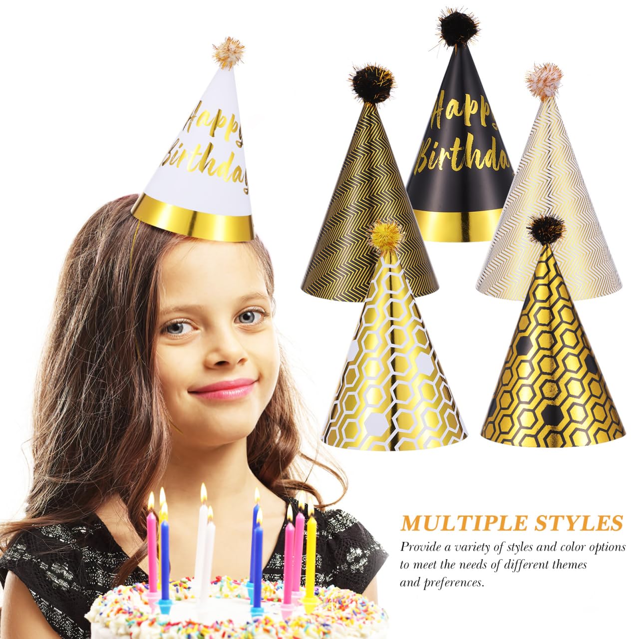 JOINPAYA 36 Pcs Birthday Party Set: Black Gold Cone Hats for Kids Including 12 Paper Hats and 24 Noise Makers, Happy Birthday Supplies