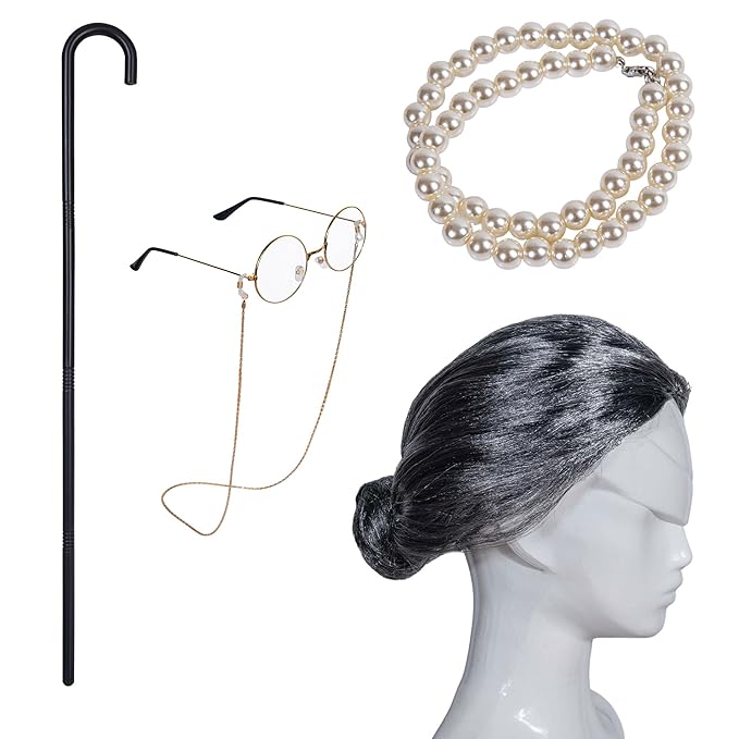 Vonokee Old Lady Costume Set 6Pcs-Grandmother Wig,Wig Caps, Madea Granny Glasses, Eyeglass Retainer Chain,Pearl Necklace a...
