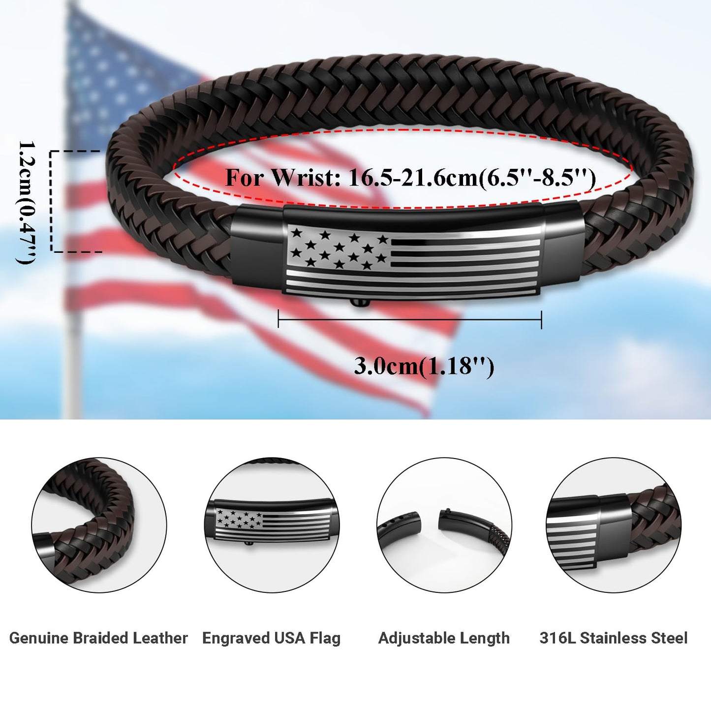 KLIFOWDY Gifts for Brother Leather Bracelet for Men American Flag Mens Bracelet with Card Adjustable Leather Cuff Bracelets for Men Jewelry Birthday Graduation Gifts